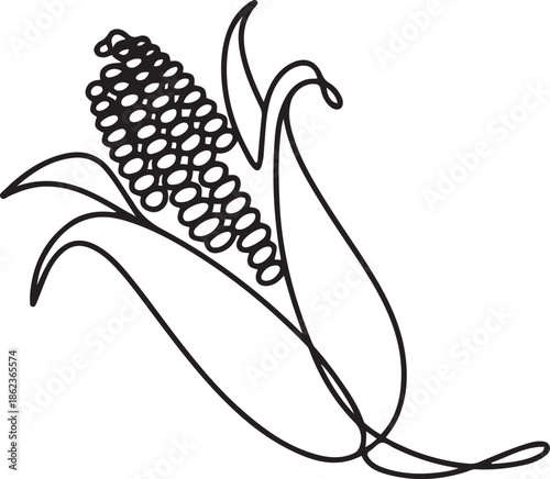 Maize ear in continuous line art drawing style. Corn cob black linear sketch isolated on white background, one line Art icon drawing
