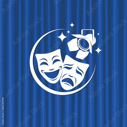 icon of comedy and tragedy theatrical masks with blue curtains