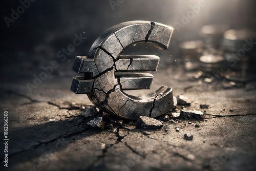 Cracked euro currency symbol lies on parched earth, symbolizing economic fragility in a desolate scene.