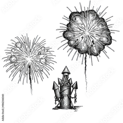 highly detailed monochrome conceptual illustration of two intricate pyrotechnic firework bursts using fine cross-hatching, isolated on brilliant white. concept of classic celebratory elegance