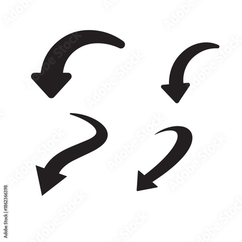 Hand drawn curved arrow set, black silhouette directional pointers for infographics and process flow design.