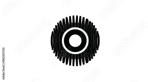 Abstract black circular cogwheel object with radial fins, 3D graphic design on white background. Minimalist industrial element.