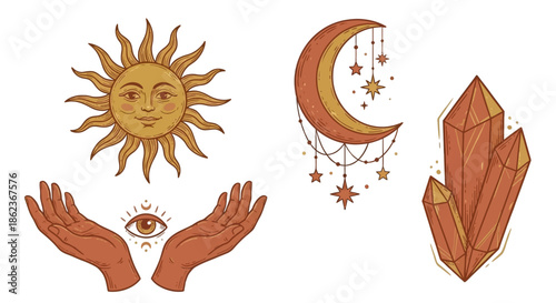 Illustration of celestial bodies and crystals symbolizing spirituality and mysticism in a white background