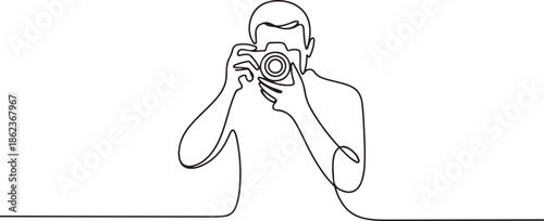 one continuous line of photographer.single line of man with camera taking picture. one line Art icon drawing