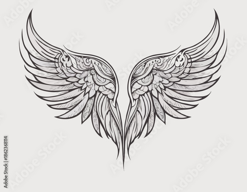 
modern tribal tattoo wing, abstract line art of mythological creatures, fantasy, minimalist contour. Vector