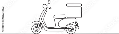 Continuous line drawing of a delivery scooter with a cargo box on the back, one line Art icon drawing