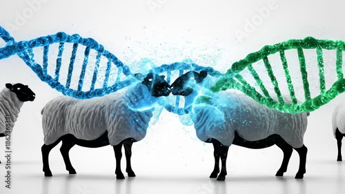 Sheep Facing Each Other With Dna Strands Connecting, Genetics Concept