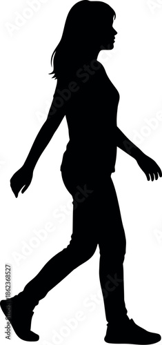 Silhouette of a woman walking in a dynamic pose against a white background