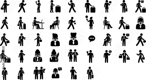 Collection of 36 black silhouette icons depicting people in various actions and poses with luggage
