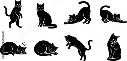 Eight black cat silhouettes in various poses on white background