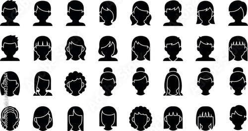 Collection of 30 unique black silhouette portraits with varying hairstyles and facial features