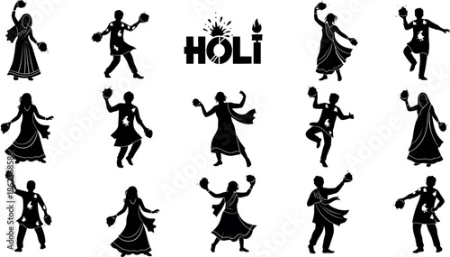 Holi celebration silhouette illustrations with dancing figures