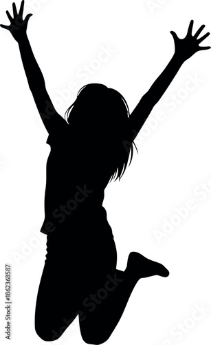 A joyful woman jumping up in the air with her arms raised