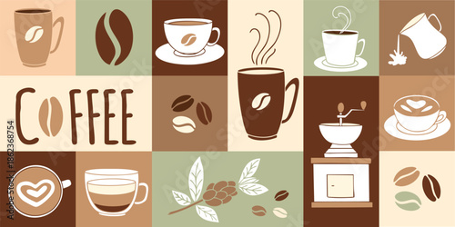 Coffee themed flat illustration set with cups, beans and brewing elements in warm earthy colors, minimalist retro style