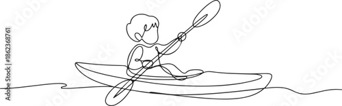 Continuous line drawing of a child kayaking on water. one line Art icon drawing