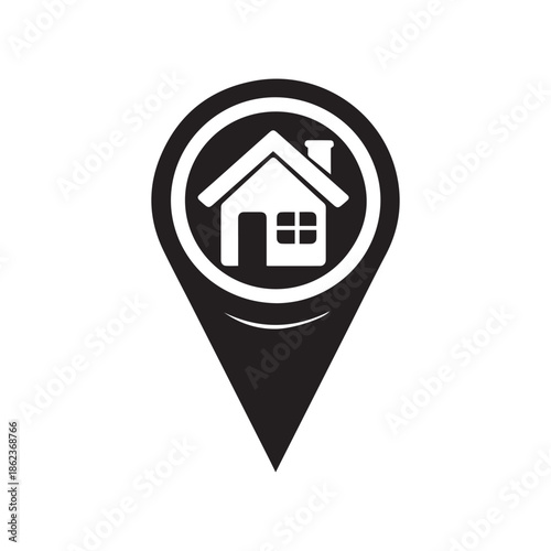Home location pin icon, house inside map pointer for real estate and navigation.