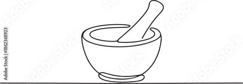 Mortar with pestle one line continuous drawing. Kitchen tools continuous one line illustration. one line Art icon drawing