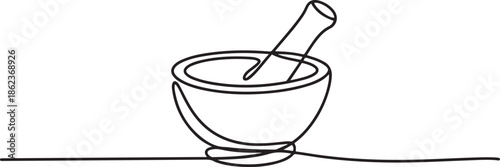 Mortar with pestle one line continuous drawing. Kitchen tools continuous one line illustration. one line Art icon drawing