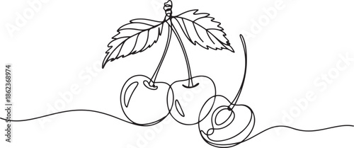 Line drawing of three cherries with leaves, one sliced open,Two Cherries Continuous Line Art, one line Art icon drawing