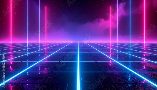 Glowing neon grid with vertical lines, atmospheric clouds, starry night backdrop
