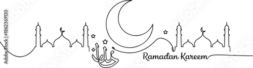 Moon continuous one line art drawing of Ramadan Kareem and Eid in outline vector illustration. one line Art icon drawing