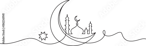Moon continuous one line art drawing of Ramadan Kareem and Eid in outline vector illustration. one line Art icon drawing