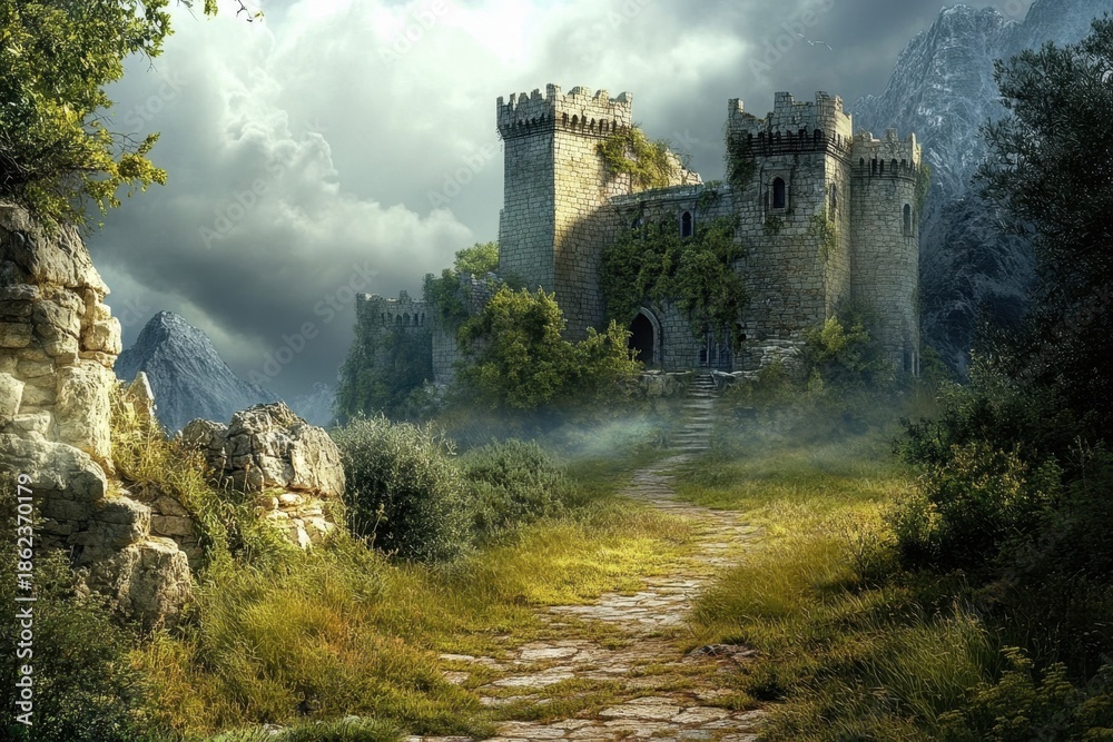 Fototapeta premium Castle ruins stand amidst lush greenery under a dramatic sky