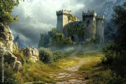 Castle ruins stand amidst lush greenery under a dramatic sky