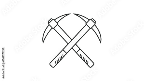 A simple black and white illustration depicting two pickaxes crossed over each other