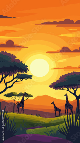 African savanna sunset landscape with giraffe silhouettes grazing under acacia trees on grassy plains vector illustration