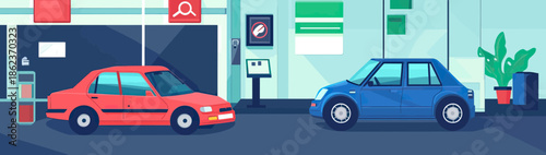 Flat minimalist vector illustration of red and blue cars parked inside modern car service garage with equipment and plants for vehicle maintenance and inspection concept