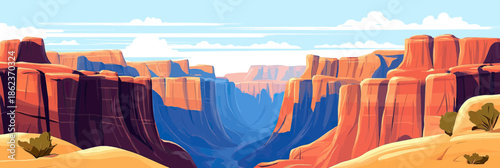 Grand Canyon panoramic landscape illustration with layered red rock formations blue sky desert canyon river valley scenic nature view vector art