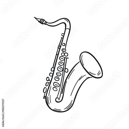 Hand drawn black and white sketch of jazz saxophone musical instrument showing detailed keys and curved body isolated on white background simple line art vector illustration for music concept design