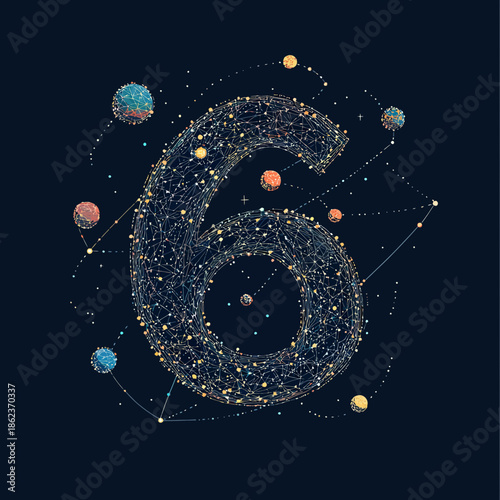Abstract wireframe number 6 composed of cosmic stars, planets, and connecting points forming a futuristic galaxy constellation design on dark background