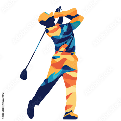 Colorful abstract vector illustration of golfer swinging golf club in dynamic pose with vibrant geometric shapes and flat minimalist style