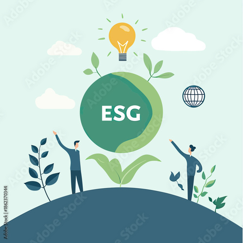 ESG sustainability concept with two business people pointing at growing plant and light bulb symbolizing environmental social governance ideas and global impact in flat vector style