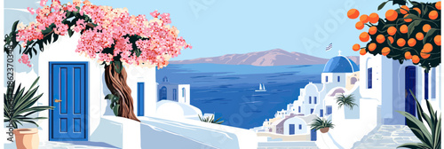 Santorini Greece coastal landscape with white buildings blue dome orange tree pink flowering tree clear sky sea view travel poster vector illustration