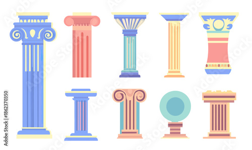 Flat minimalist vector illustration set of classical ancient Greek and Roman architectural columns and capitals with different styles and shapes in pastel colors