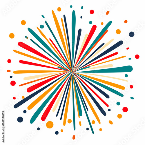 Colorful abstract radial starburst with elongated teardrop shapes and scattered dots, modern flat vector design on white background for graphic decoration and creative projects