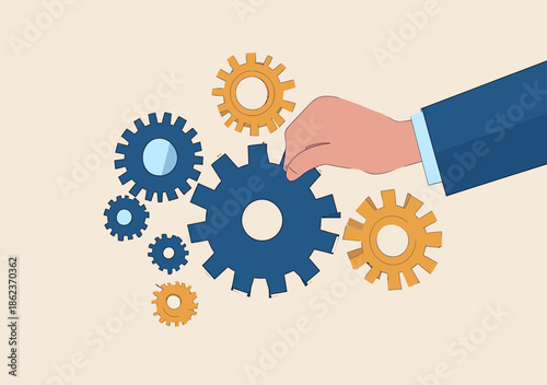 Businessman Hand Adjusting Blue and Orange Gears Conceptual Mechanism Strategy Teamwork and Collaboration Symbol Flat Vector Illustration