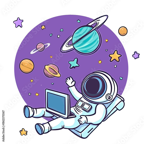 Cute astronaut floating with laptop surrounded by colorful planets stars space cartoon vector illustration technology concept design