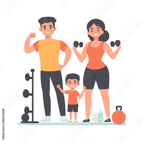 Happy family exercising together with dumbbells and kettlebell in home gym setting, fitness and healthy lifestyle concept vector illustration