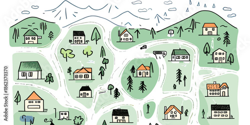 Hand drawn village map with houses, roads, trees, mountains, flat minimalist style cityscape illustration for rural community planning and landscape design concept