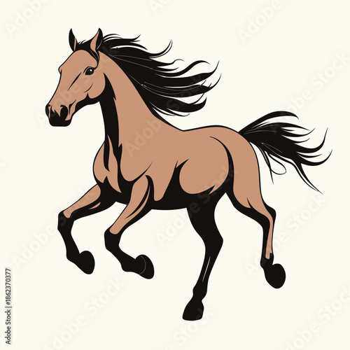 Brown horse galloping with flowing black mane and tail vector illustration in flat minimalist style isolated on white background animal running fast graphic design with dynamic motion and energy