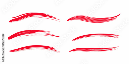 Set of six red brush stroke underlines and swoosh accents in minimalist flat vector style for graphic design and emphasis decoration elements collection