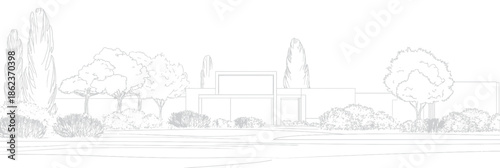 Minimalist line drawing of modern house with surrounding trees bushes and landscaped garden in side view vector illustration outline stroke design for architecture and landscape planning