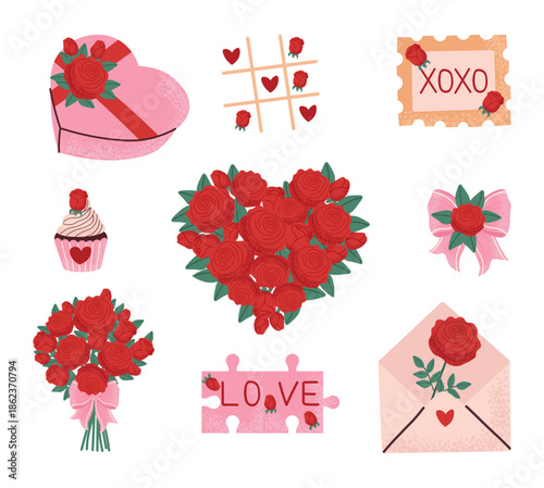 Romantic Valentines day clipart set with red rose bouquets, heart shaped arrangements, sweet treats and love letters, cute floral elements for cards, stickers and wedding design