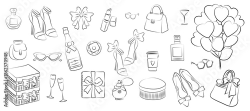 Set of hand drawn feminine fashion and celebration doodles including perfume, high heels, handbags, balloons, gifts and champagne, perfect for planners