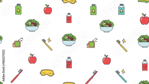 Healthy Lifestyle Icons Pattern: Salad, Apple, Toothbrush, Sleep Mask, Soap, Tea