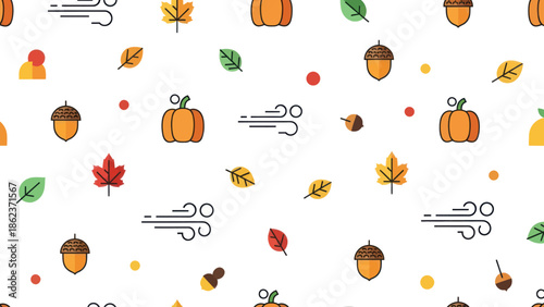 Autumn Pattern: Pumpkins, Acorns, Leaves, and Wind Icons on White Background